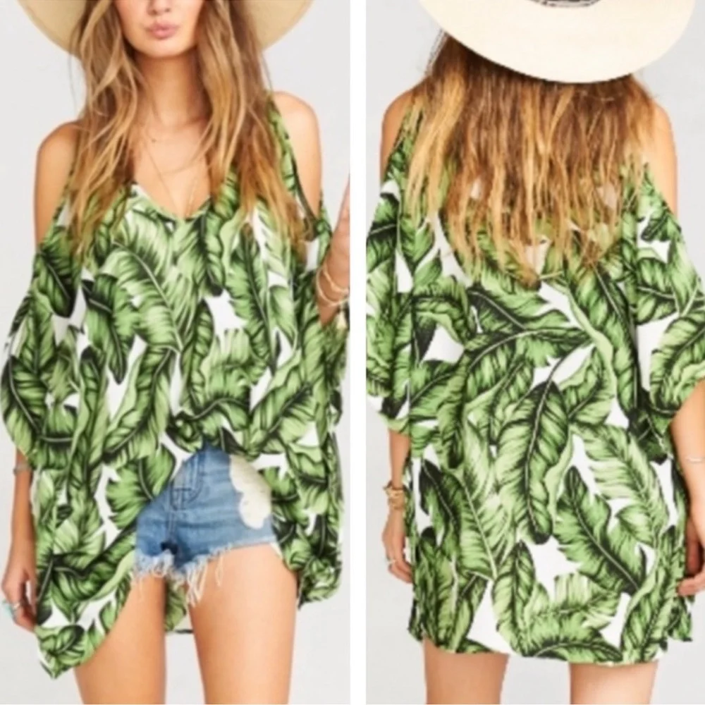 Show Me Your Mumu Peta Boo Frond of You Palm Print Cold Shoulder Coverup Top M